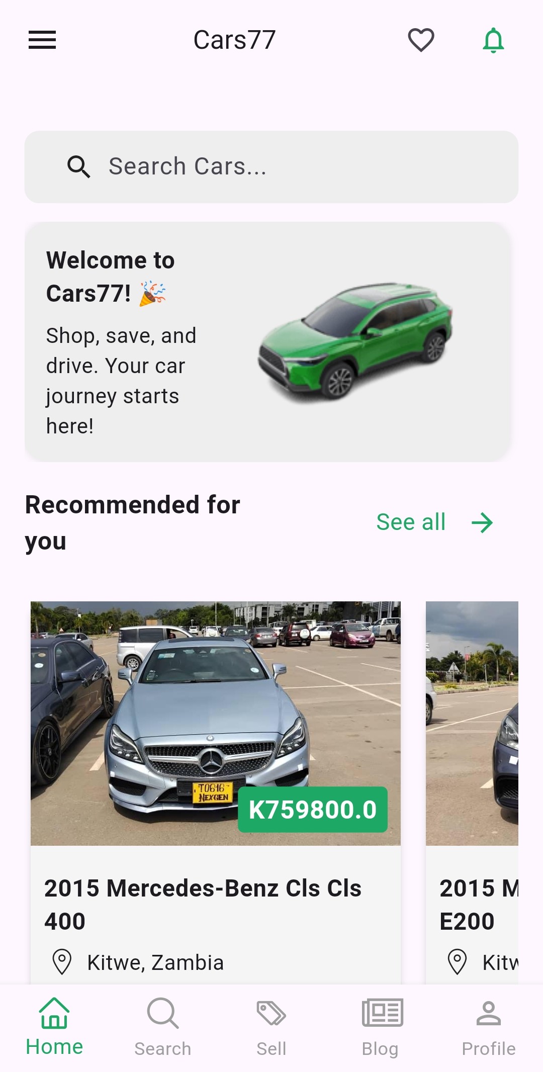 Cars77 Home Screen